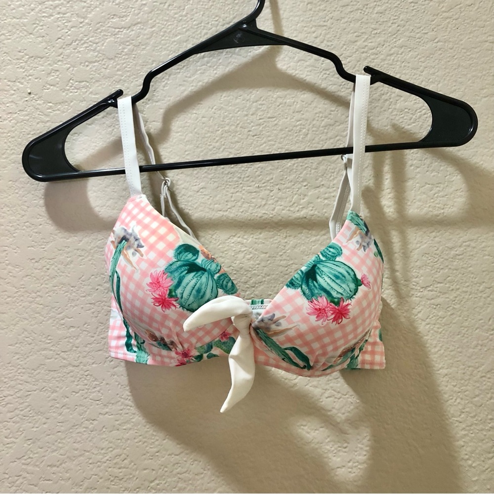 Source Unknown Pink Gingham Floral Tie-Front Swim Top and Bottoms